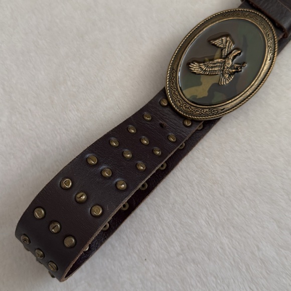 Faithful | Brown Leather Stud Belt Eagle Camouflage Hook Embossed Buckle (S) - Picture 4 of 15